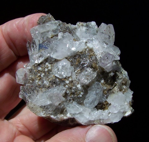 Clear, Gemmy Quartz Crystals and Calcite on Basalt Matrix