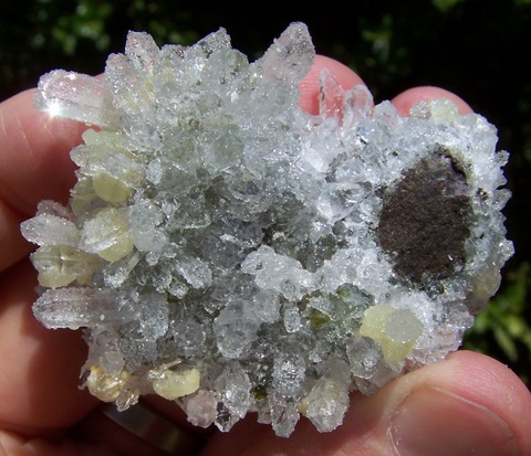 Cluster of Quartz, Prehnite, Analcime and Epidote Crystals on Basalt Matrix