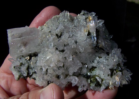 Quartz and gemmy, dark green epidote crystals on matrix