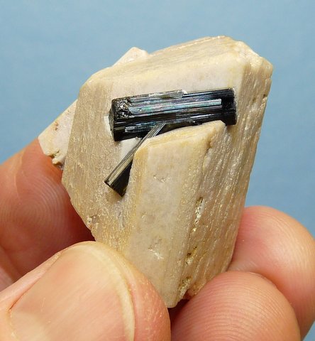 Black tourmaline crystal pair on well-formed feldspar crystal