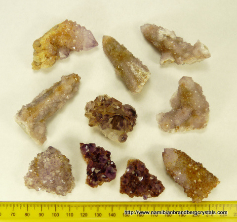 Ten cactus quartz specimens in varying shades