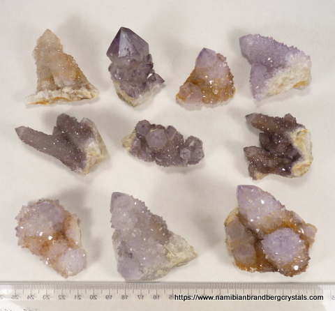 Ten cactus quartz crystal specimens