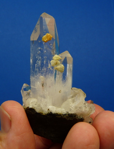 Lovely group of quartz crystals with prehnite and calcite crystals