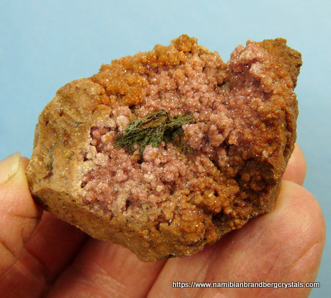 Cobaltoan dolomite crystals and malachite, on rock matrix